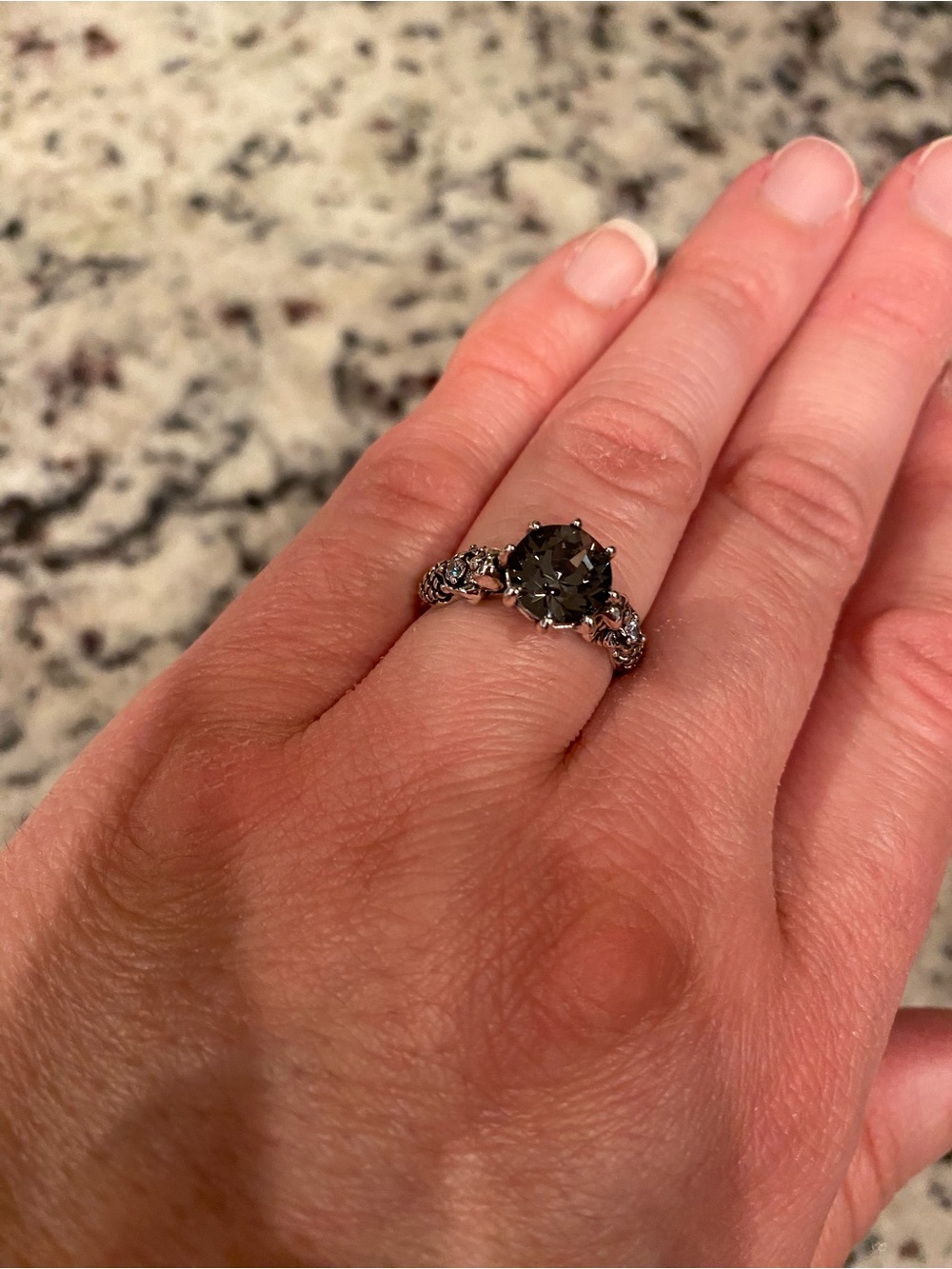 FJ Smokey Silver/slate Crystal Solitaire Ring with Mermaids holding crystals